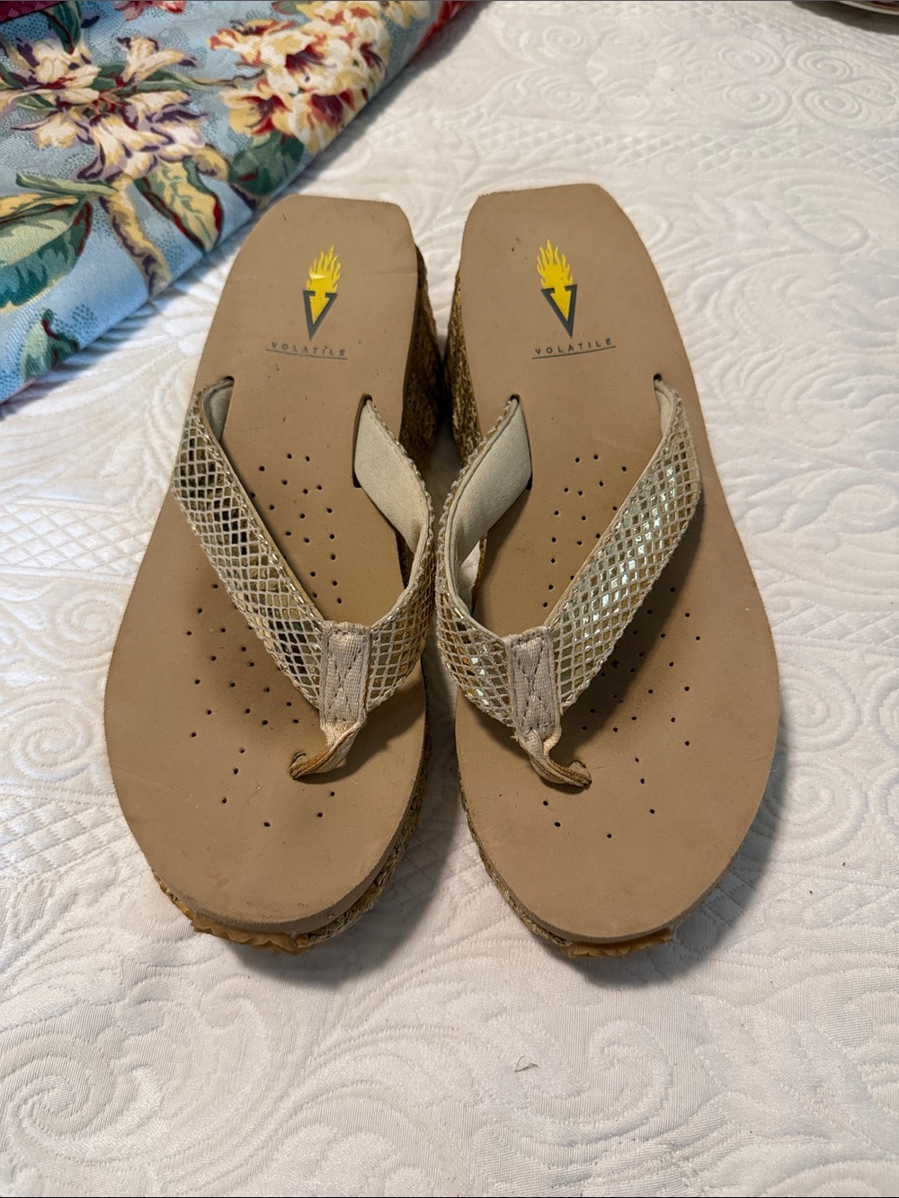 Volatile Gold Wedge Thong Sandals with Metallic Mesh Straps